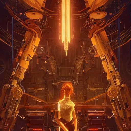 Prompt: A music club with lighting elements from the movie the fifth element, gorgeous, beautiful, intricate, highly detailed, digital painting, artstation, oppressive lighting, sci-fi concept art, sharp focus, illustration, art by greg rutkowski and alphonse mucha