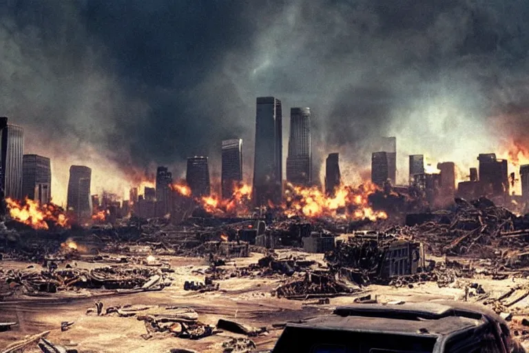 Image similar to An apocalyptic scene of Los Angeles destroyed after the alien invasion, 70mm Imax, Cinematic, Film Still, Directed by Michael bay