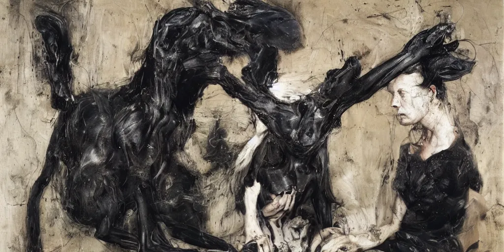 Prompt: a woman sitting with a black greyhound, flowers, dark atmosphere. by nicola samori and jenny saville