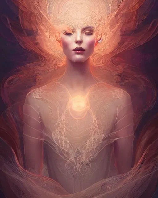 Image similar to Rose Gold intricate lace smoke portrait, swirling underwater polygon fantasy art by peter mohrbacher and artgerm, radiant halo of light