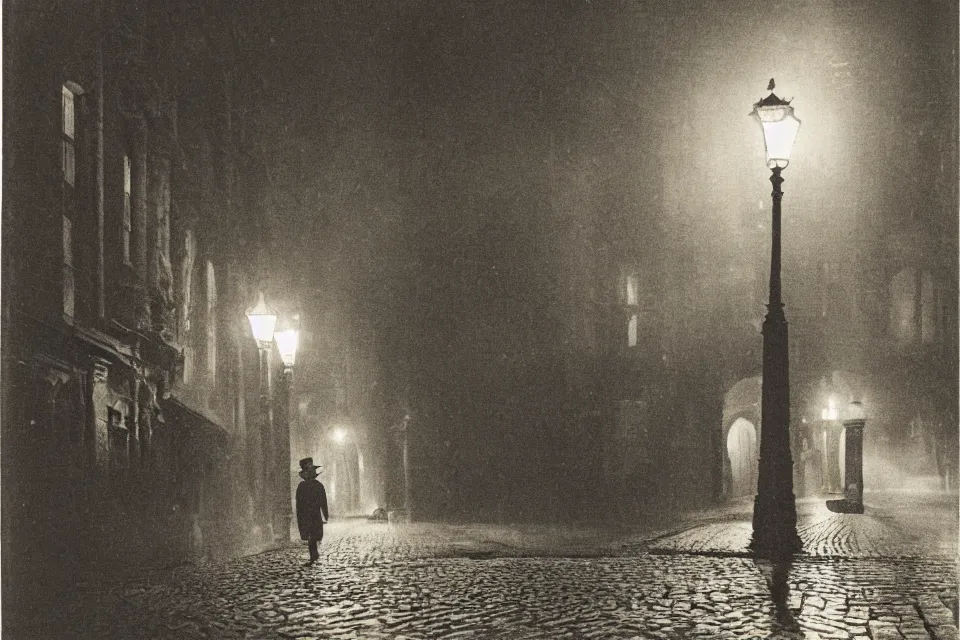 Prompt: wet plate photograph, august strindberg waking alone at night along cobblestone street in vienna, night time, alone, lamplight, victorian era, depth of field, very detailed, fog, highly accurate, intricate