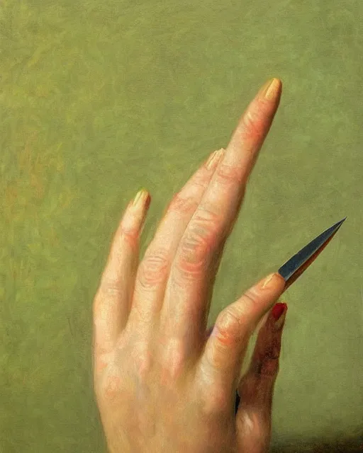 Prompt: by 1 9 th century famous painter, hands, nail polish, blood smear, knife, realism, realistic, oil painting, green wallpaper background