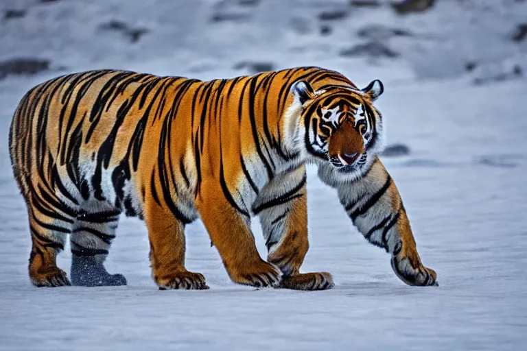 Image similar to a tiger polar bear!!! hybrid! hyper realistic!! realistic lighting!! wildlife photographer of the year!!! bold natural colors, national geographic, hd, wide angle, 8 k