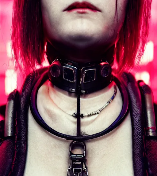 Image similar to detailed realistic female character cyberpunk wearing thick technological collar around neck, realistic, art, beautiful, 4K, collar, choker, collar around neck, punk, artstation, detailed, female, woman, choker, cyberpunk, neon, punk, collar, choker, collar around neck, thick collar, tight around neck, punk,