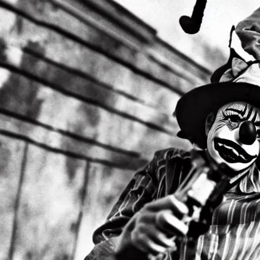 Image similar to Photograph of a clown with a gun looking frantic