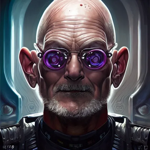 Image similar to portrait painting of a cyberpunk ork doctor muscular patrick stewart with fangs and tusks, ultra realistic, concept art, intricate details, eerie, highly detailed, photorealistic, octane render, 8 k, unreal engine. art by artgerm and greg rutkowski and charlie bowater and magali villeneuve and alphonse mucha