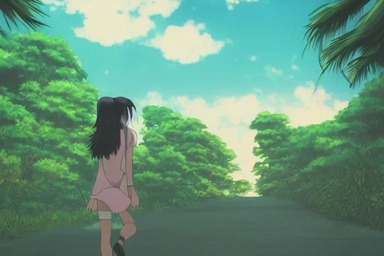 Prompt: anime woman walking, tropical island, night time, wide angle, by studio ghibli, yuumei, anime, hazy, foggy, ambient lighting, cottagecore,