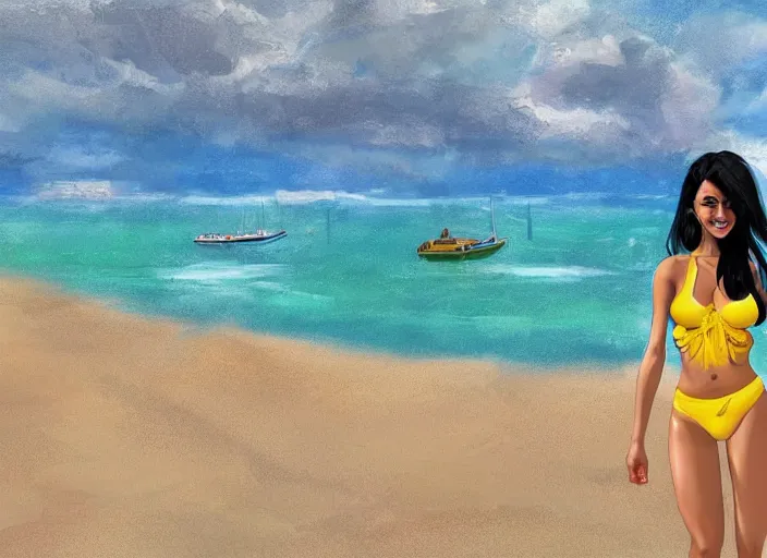 Prompt: a girl with black hair, with a very beautiful symmetrical face, a smile on her face, tanned skin, in a yellow bikini, against the background of a sea beach, digital art, high detail, digital painting, artstation