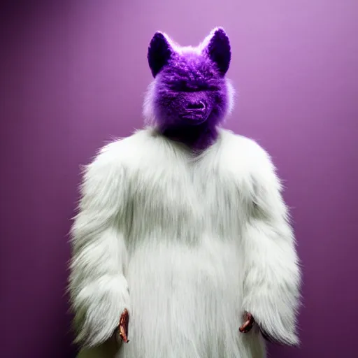 Image similar to A photo of a white fur monster standing in a purple room