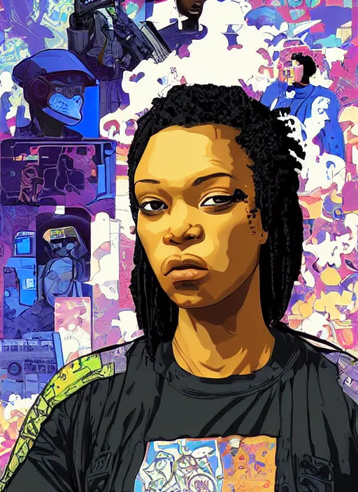 Prompt: maria igwe. cyberpunk hacker in tactical jumpsuit. portrait illustration, pop art, splash painting, art by geof darrow, ashley wood, alphonse mucha, makoto shinkai