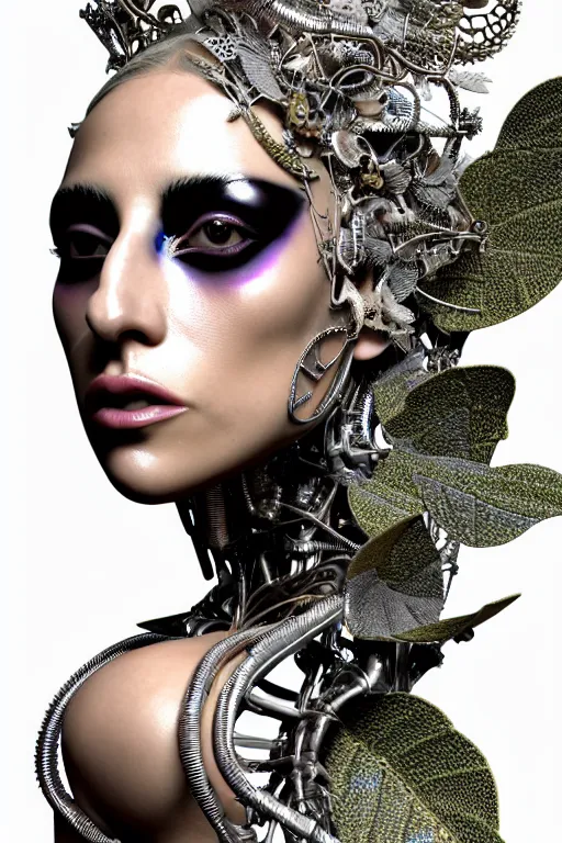 Prompt: complex 3d render ultra detailed of lady gaga ,beautiful porcelain texture pattern, biomechanical cyborg, analog, 150 mm lens, beautiful natural soft rim light, big leaves and stems, roots, fine foliage lace, silver dechroic details, massai warrior, Alexander Mcqueen high fashion haute couture, pearl earring, art nouveau fashion embroidered, steampunk, intricate details, mesh wire, mandelbrot fractal, anatomical, facial muscles, cable wires, microchip, elegant, hyper realistic, ultra detailed, octane render, H.R. Giger style, volumetric lighting, 8k post-production