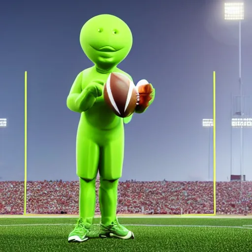 Prompt: a football player standing with a little green man on his shoulder, beeple