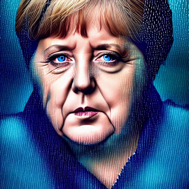 Image similar to bright portrait of Angela Merkel, LSD rain on face and wet hair, diffuse overhead lighting, fantasy, intricate, elegant, dramatic lighting, highly detailed, lifelike, photorealistic, digital painting, artstation, illustration, concept art, smooth, sharp focus, art by John Collier and Albert Aublet and Krenz Cushart and Artem Demura and Alphonse Mucha