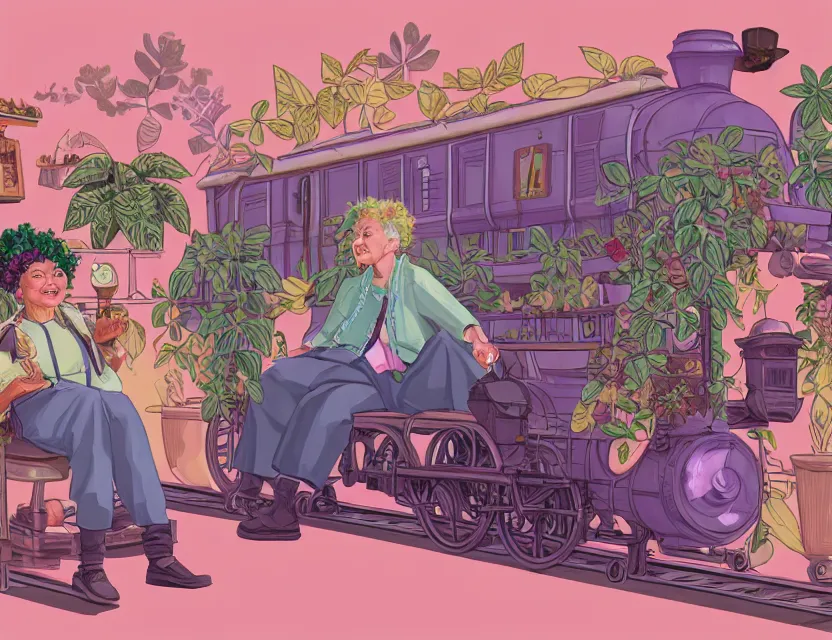 Prompt: elderly lesbian multiracial couple on a steampunk vaporwave train with potted plants. complementary colors, gouache, indie concept art, bloom, chiaroscuro, backlighting, intricate details.