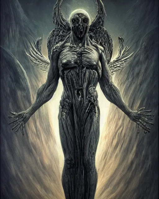 Image similar to a demonic angel with a broken halo wielding a jagged broken blade coated in fire in the style of zdzisław beksinski / h. r. giger trending on artstation deviantart pinterest hyper detailed photorealistic highlights and shadow hd 8 k post - processing high resolution