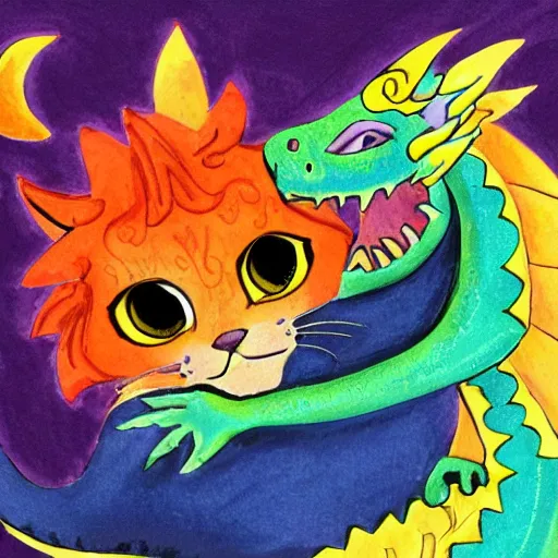 Prompt: small cute purple dragon, the dragon is hugging an orange tabby cat, fantasy, cozy