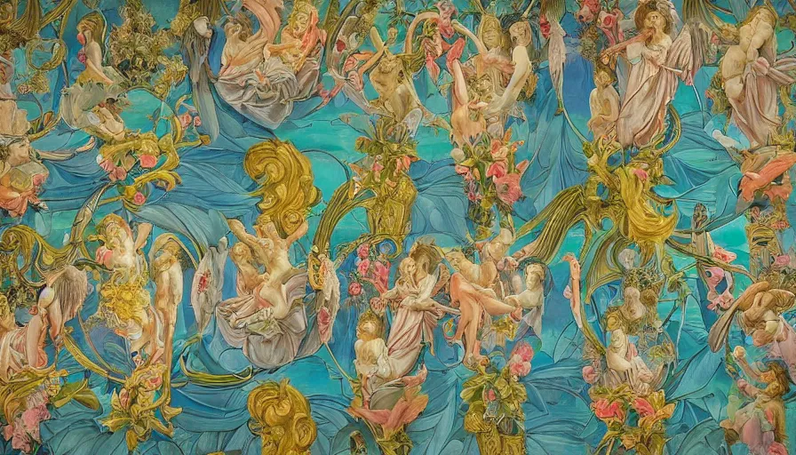 Prompt: a huge standalone hyperrealistic photorealistic hyperdetailed window reflecting cyberbirds, seen from the distance. art nouveau rococo in the style of caravaggio and botticelli. unexpected maximalist fabric elements hd 8 x matte background in vibrant vivid pastel colour textures