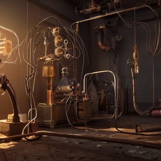 Prompt: 3D photorealistic render of a steampunk🫀, connected trough wired, on a advanced lab, octane render, 4k, unreal 5, very detailed, trending on artstation