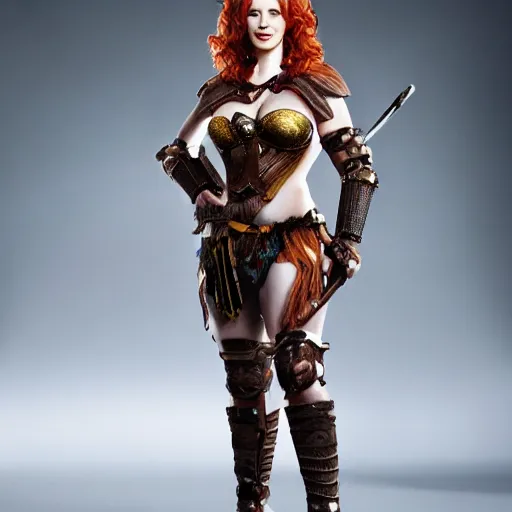 Image similar to full body photo of christina hendricks as an amazon warrior with weapons