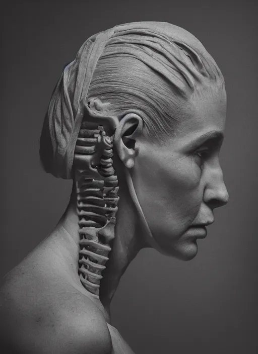 Prompt: a woman's face in profile, made of skeleton, in the style of the Dutch masters and Gregory Crewdson, dark and moody