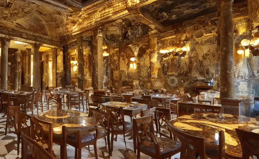 Image similar to interior of an atlantis themed restaurant, ancient greek style, mosaics, pillars, marble, golden details, tables, atmospheric lighting