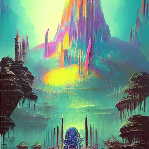 Image similar to a temple on a strange planet, by bruce pennington,, by kilian eng, by sam freio, by thomas rome, by victor mosquera, juxtapoz, behance, dayglo, prismatic