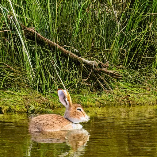 Image similar to high detailed photo of the river bank with a rabbit is relaxing near it and a duck floating by.