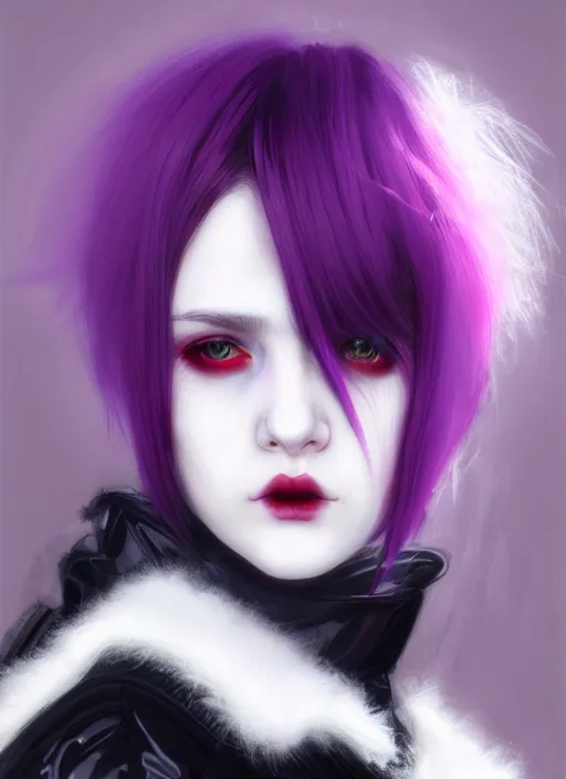 Image similar to portrait of white teenage girl, normal face, white bangs, mall goth, cyberlox, black and white hair, bangs, fluffy bangs, red contact lenses, purple lipstick, intricate, elegant, highly detailed, digital painting, artstation, concept art, sharp focus, smooth, illustration, art by wlop, mars ravelo and greg rutkowski