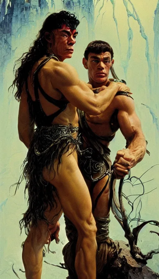 Image similar to young jean claude van damme and a young peasent woman, lord of the rings, conan, amazing beauty, visor, neon tattoo, styled hair, decorated ornaments by carl spitzweg, ismail inceoglu, vdragan bibin, hans thoma, greg rutkowski, alexandros pyromallis, perfect face, fine details, realistic shaded