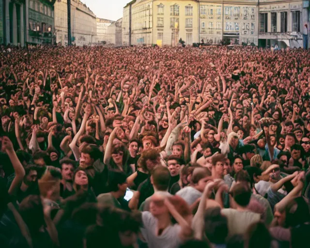 Image similar to crowd in vienna rage against mecha zack de la rocha with a broken leg, shot on kodak portra 4 0 0 3 5 mm film