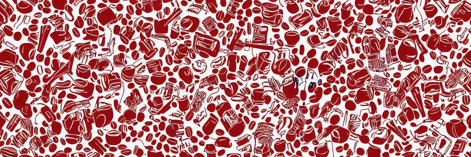 Image similar to seamless pattern design, coffee and musical notes, simple, red and white,