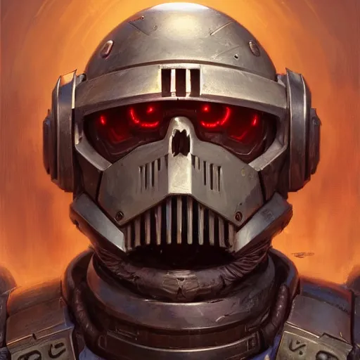 Prompt: the doomslayer as a scifi knight, closeup portrait art by donato giancola and greg rutkowski, realistic face, digital art, trending on artstation, skull helmet, symmetry!!