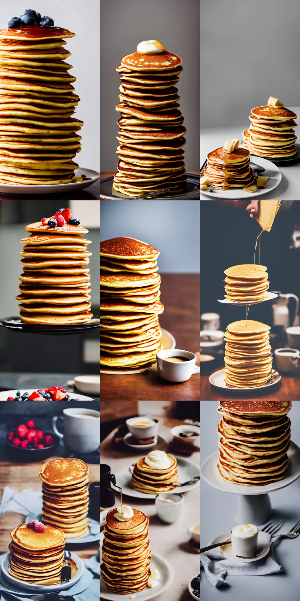 Prompt: a photo of a very tall stack of pancakes, xf iq 4, 1 5 0 mp, 5 0 mm, f 1. 4, iso 2 0 0, 1 / 1 6 0 s, natural light, adobe lightroom, photolab, affinity photo, photodirector 3 6 5