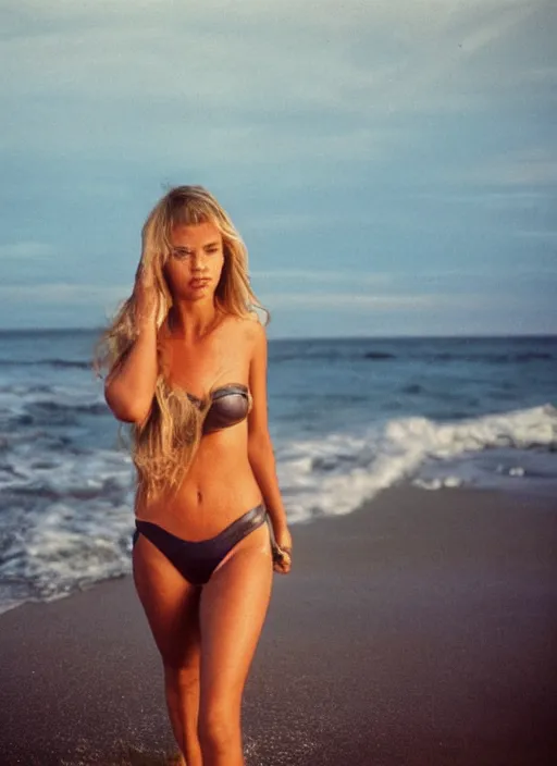 Image similar to A hyper realistic and detailed head portrait photography of swimsuit model walking on a secluded beach. by Cameron Hammond. 1980s magazine style. Cinematic. Golden Hour. Kodak Portra 400. Lens flare. 85mm lens