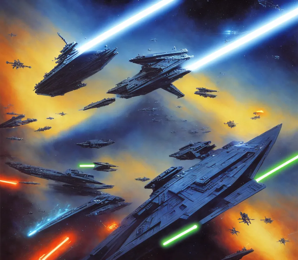 Image similar to ! dream a jedi with a bright blue lightsaber trying to bring down a star destroyer with the force, epic proportions, award winning collaborative painting by geg ruthowski, craig mullins, vincent di fate, john berkey, michael whelan, collaborative artwork, exquisitely high quality and detailed