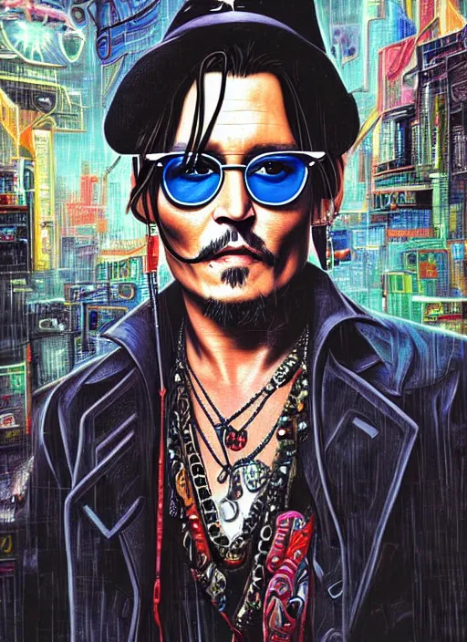 Image similar to johnny depp in a cyberpunk city by james jean, manuel sanjulian