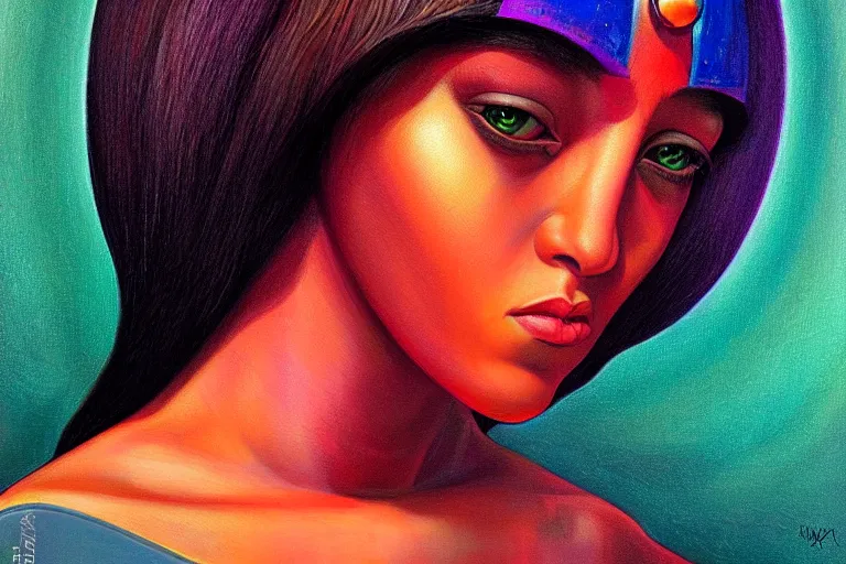 Image similar to patron saint of 🛸🌈👩🏾, futuristic clothing, neon god of city character portrait, in the style of margaret keane, moebius, tom bagshaw, and waterhouse, cinematic lighting, beautiful, elegant, oil painting,