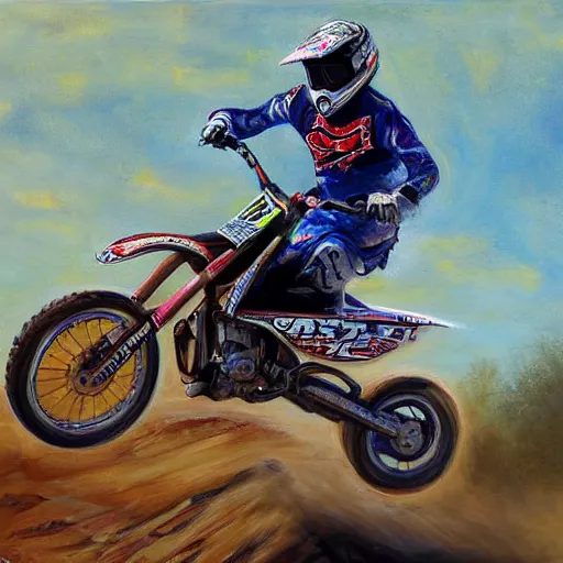 Prompt: motocross rider on dirt jump, painting by jerome bosch