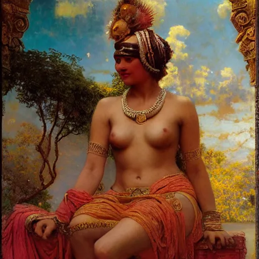 Image similar to detailed full body of hindu traditional woman blindfolded by high - tech vr headset, girl graceful,, painting by gaston bussiere, craig mullins, j. c. leyendecker, lights, art by ernst haeckel, john william godward, hammershøi,,