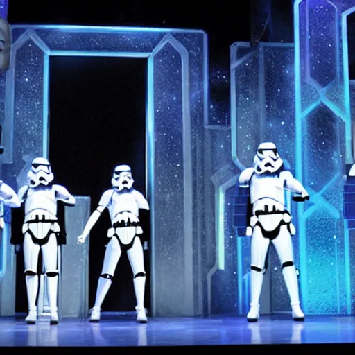 Image similar to Production photo of Star wars the musical on broadway, dancing, star wars costumes by Julie Taymor, set design by Julie Taymor