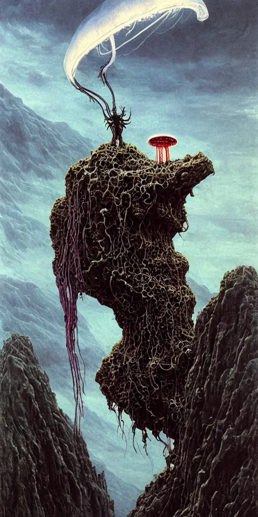 Image similar to A detailed lonely tesla roboalien with jellyfish head stands among the mountains. Wearing a ripped mantle, robe. Perfect face, colossal scale, extremely high details, realistic, fantasy art, solo, masterpiece, art by Zdzisław Beksiński, Arthur Rackham, Dariusz Zawadzki