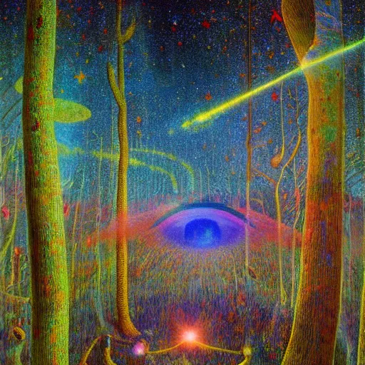 Image similar to psychedelic lush pine forest, outer space, milky way, amber eyes cat eyes designed by arnold bocklin, jules bastien - lepage, tarsila do amaral, wayne barlowe and gustave baumann, cheval michael, trending on artstation, star, sharp focus, colorful refracted sparkles and lines, soft light, 8 k 4 k