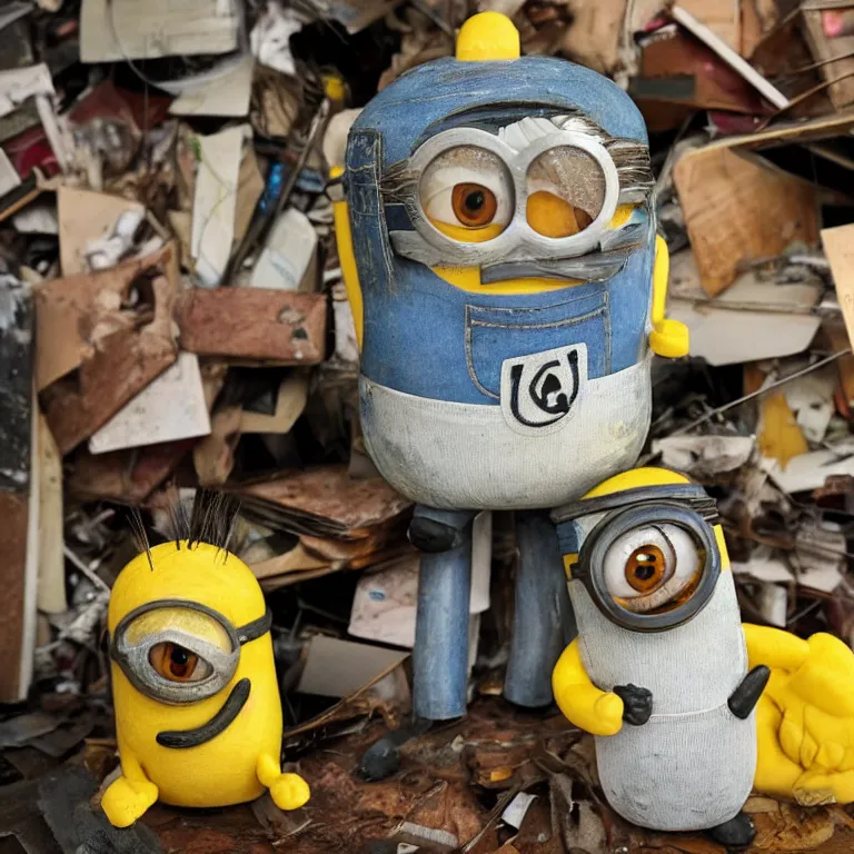 Prompt: photo of a badly taxidermied minion in a hoarder house