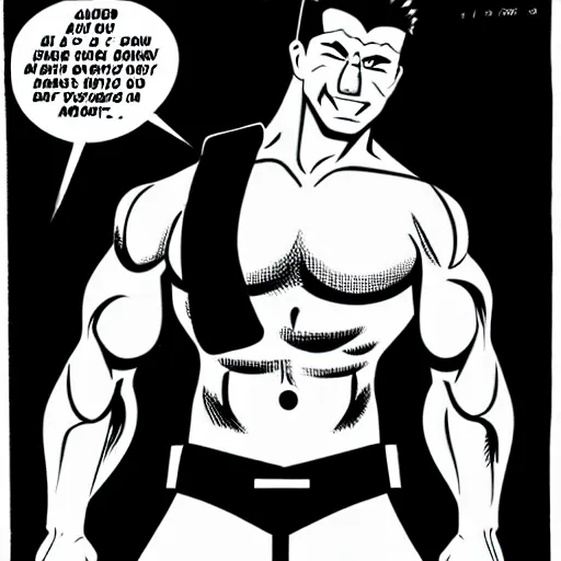 Image similar to muscular man, black vest open with no shirt underneath, cargo pants, ammo belt, holding a blaster, long black hair in a ponytail, five o' clock shadow, comic book art