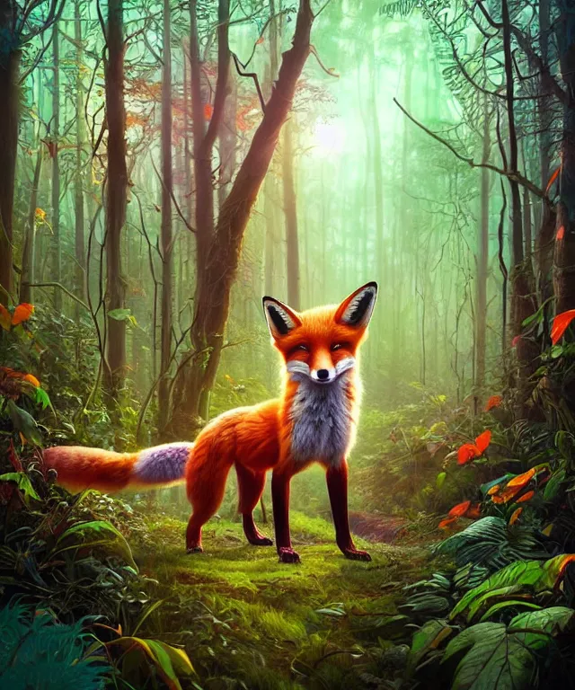 Image similar to a single realistic fox, walking through a psychedelic forest, wide angle landscape shot, pixar style by tristan eaton, artgerm and tom bagshaw