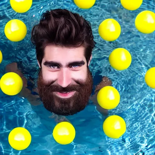 Image similar to man with half sided beard dipped in a pool of yellow and white balls