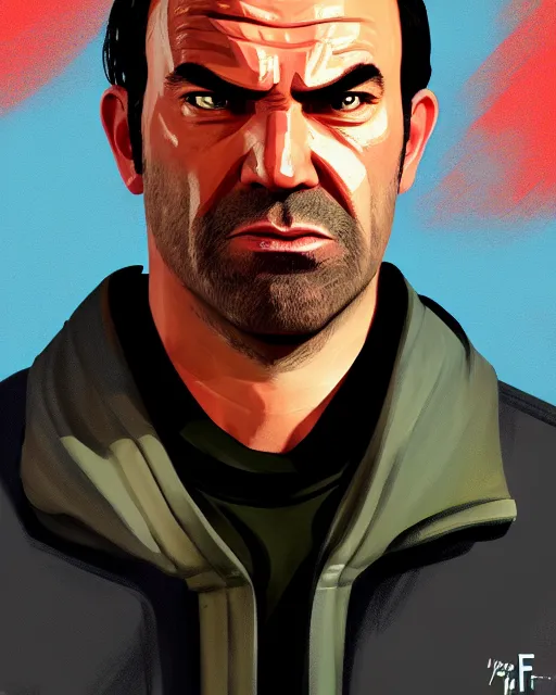 Prompt: painting portrait of trevor from gta 5, cartoon, warm lighting. movie poster, illustration by bartek fedyczak, erak note, tooth wu, neil richards, kan liu, siwoo kim, jisu choe, trending on art station