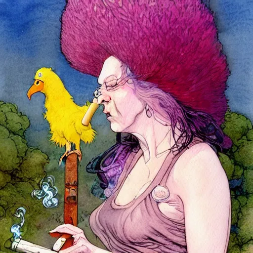 Image similar to a realistic and atmospheric watercolour fantasy character concept art portrait of big bird with pink eyes wearing a wife beater and smoking a huge blunt by rebecca guay, michael kaluta, charles vess and jean moebius giraud