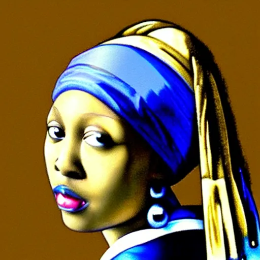 Image similar to portrait of an african woman, girl with the pearl earring, hyper realistic, black background, yellow and blue,