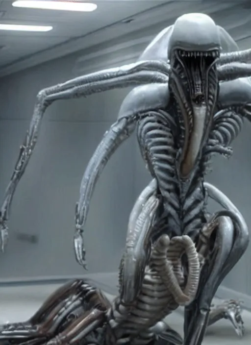 Prompt: cinematic film still of kim kardashian pushed against a wall by an xenomorph in Alien.